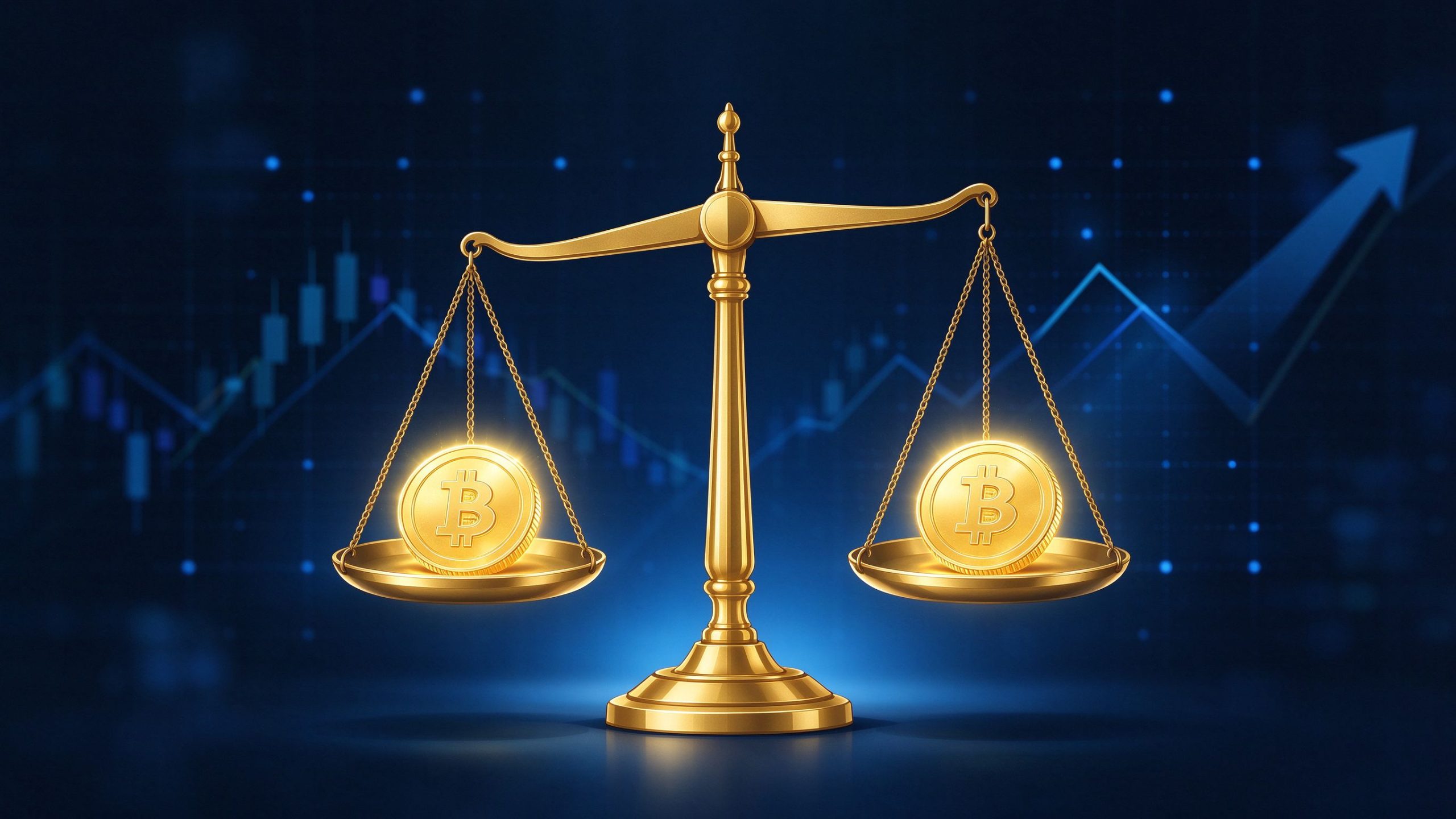 A golden balance scale with coins on each side over a dark crypto trading backdrop, comparing two exchanges